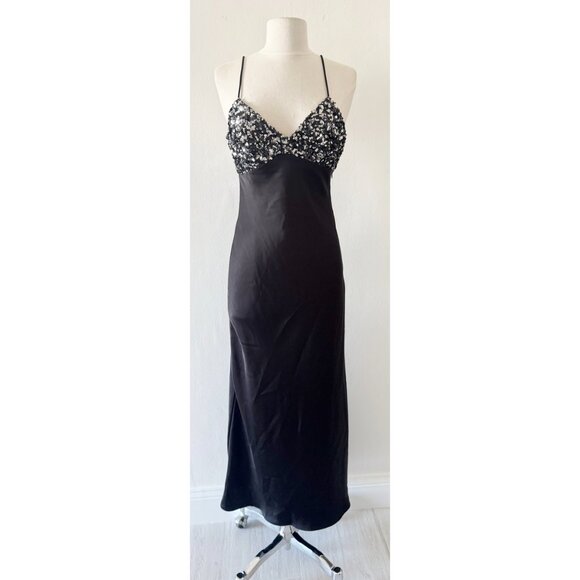 Zara Black Satin Silver Sequin Cami Slip Maxi Dress Party Cocktail Size XS - Picture 2 of 7